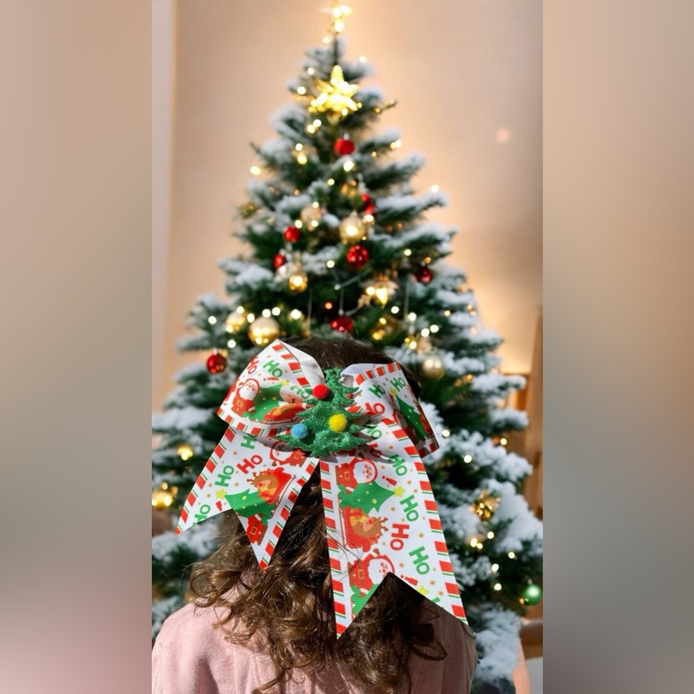 Santa Claus Sleigh Tree Oversized Hair Bow Girls Christmas Holiday Accessories